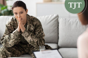 Military servicemember discussing a family case with a counselor in New Jersey